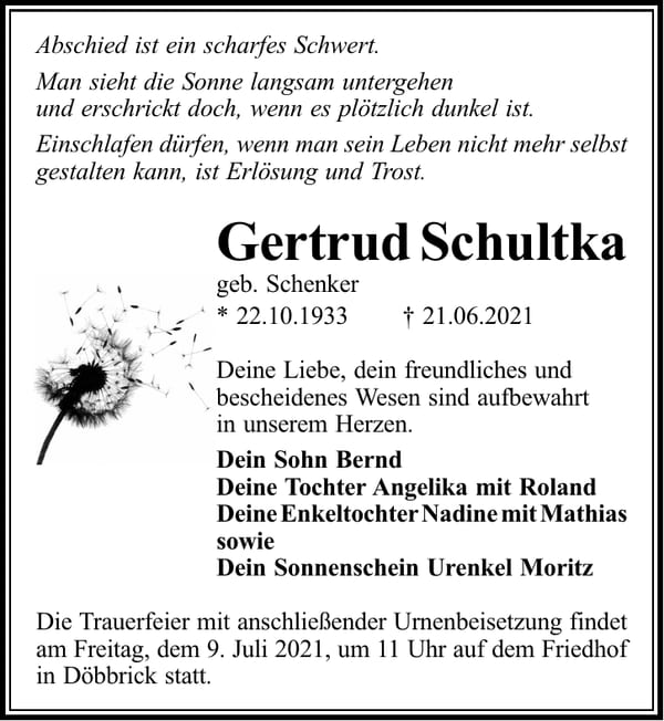 Traueranzeige Gertrud Schultka, geb. Schenker