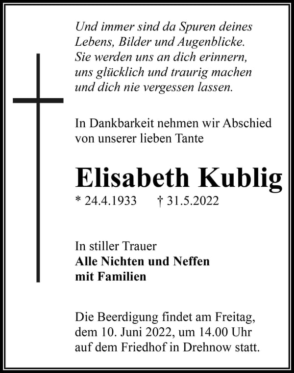 Traueranzeige Elisabeth Kublig