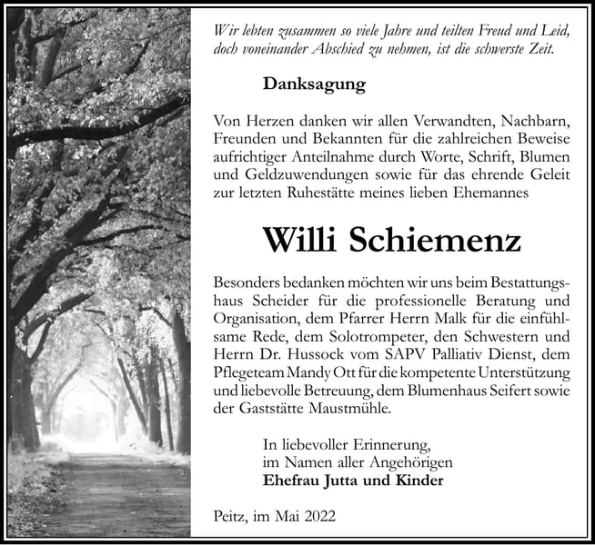 Danksagung Willi Schiemenz