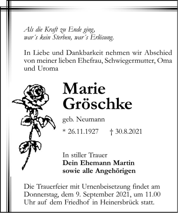 Traueranzeige Marie Gröschke, geb. Neumann