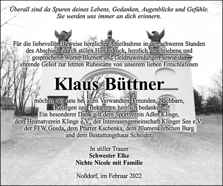 Danksagung Klaus Büttner