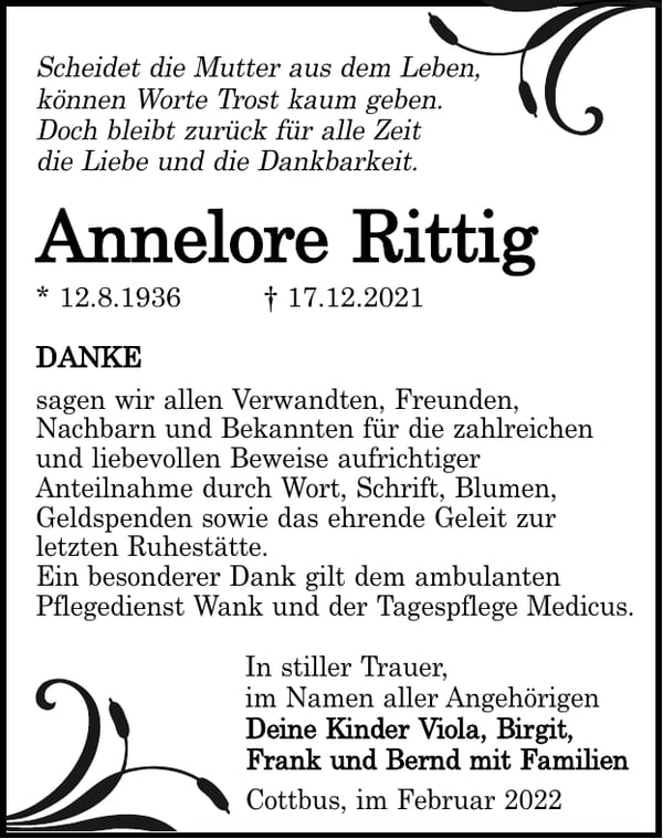 Traueranzeige Annelore Rittig