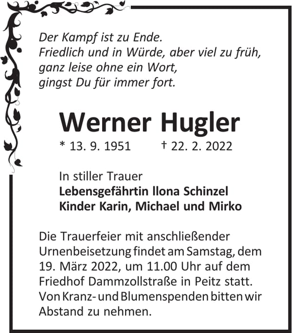 Traueranzeige Werner Hugler