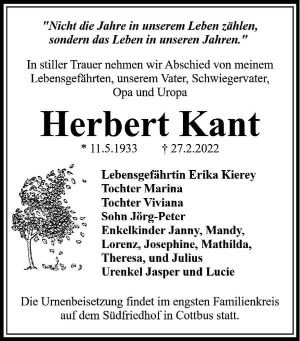 Traueranzeige Herbert Kant
