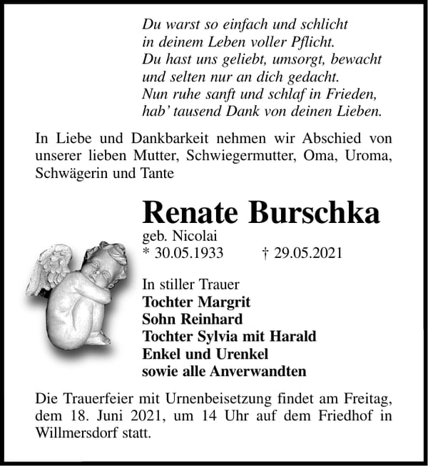 Traueranzeige Renate Burschka, geb. Nicolai