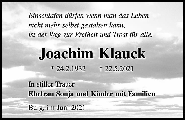 Traueranzeige Joachim Klauck