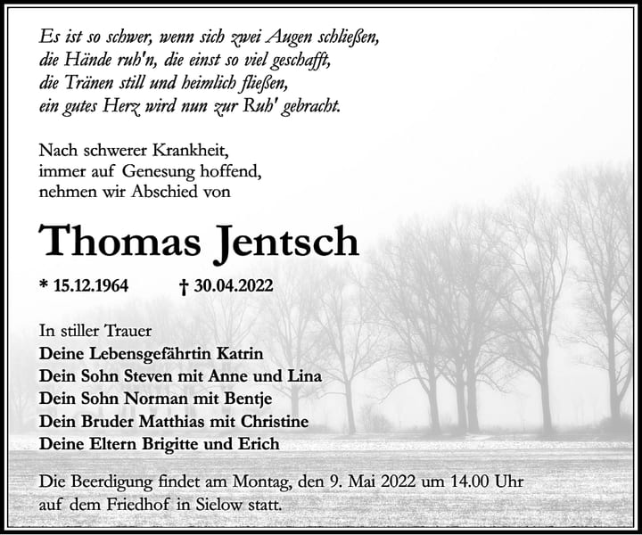 Traueranzeige Thomas Jentsch