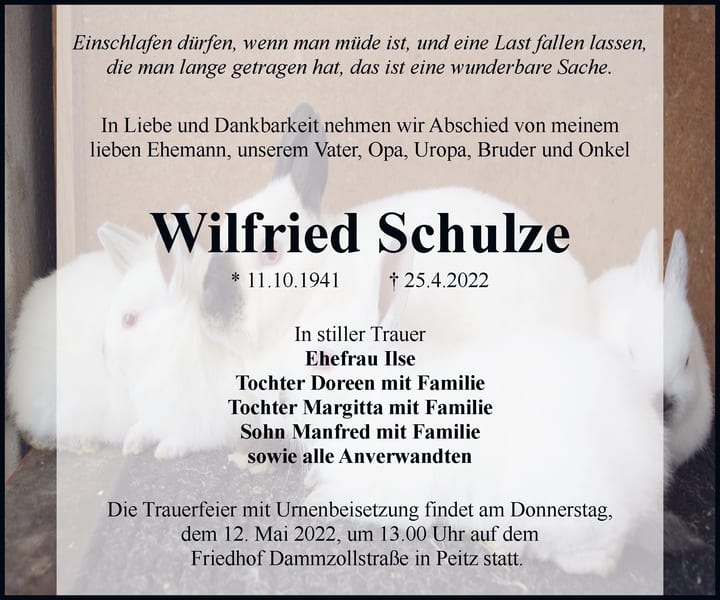 Traueranzeige Wilfried Schulze
