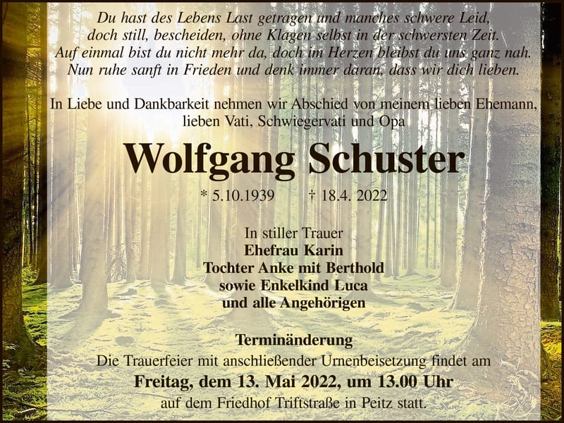 Traueranzeige Wolfgang Schuster