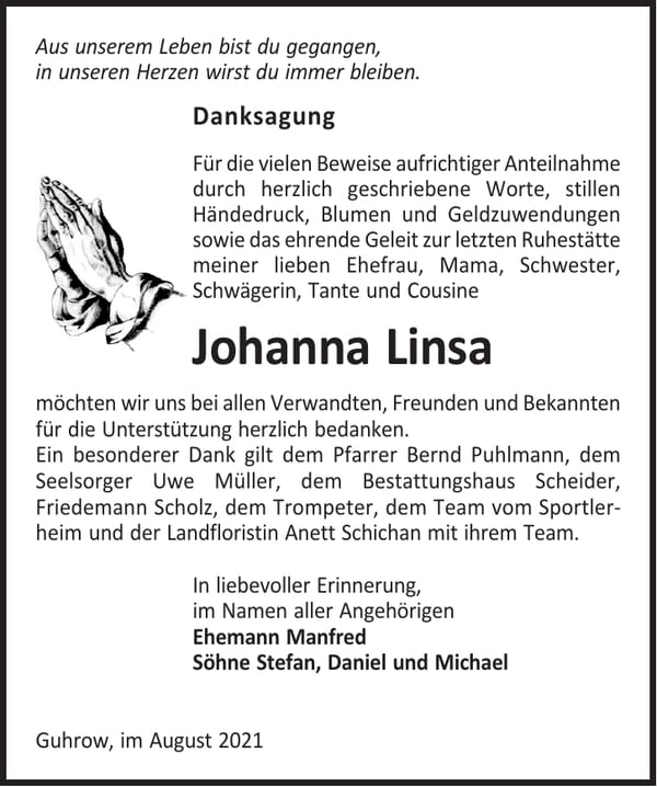 Danksagung Johanna Linsa