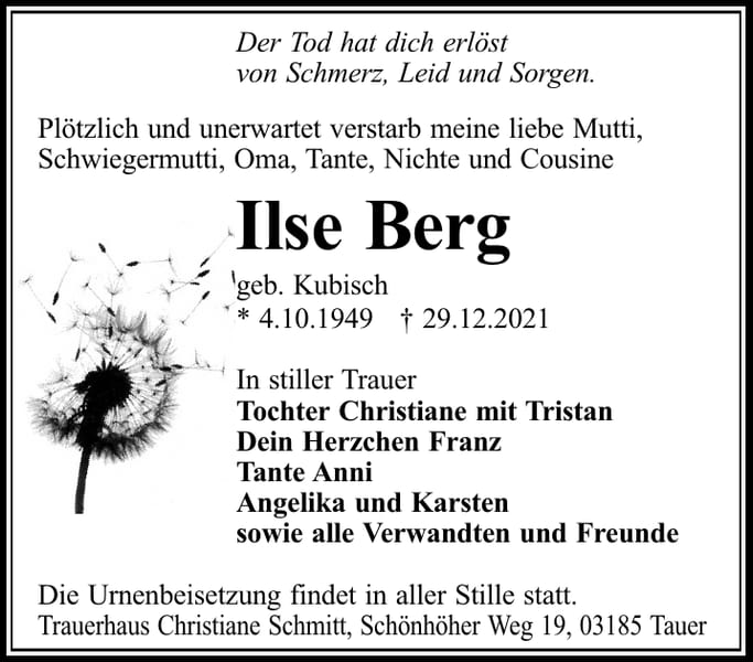 Traueranzeige Ilse Berg, geb. Kubisch