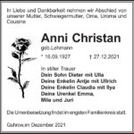 Traueranzeige Anni Christan