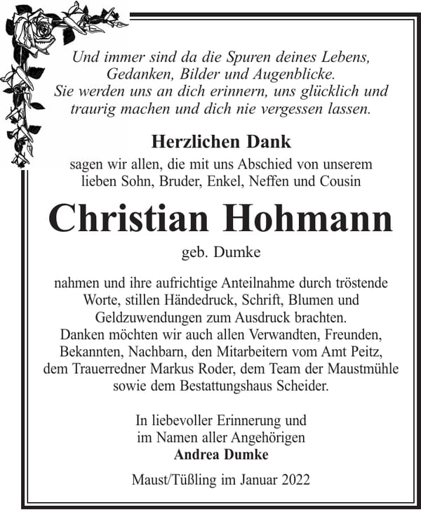 Danksagung Christian Hohmann, geb. Dumke