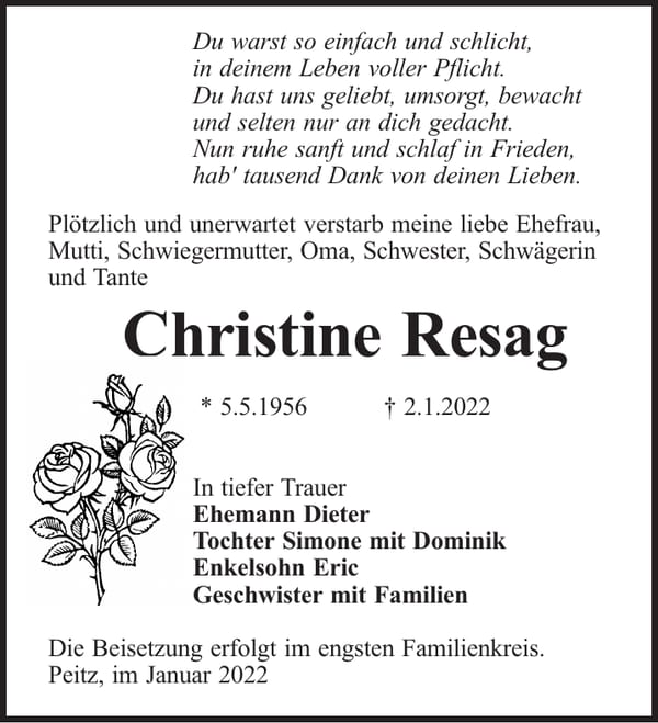 Traueranzeige Christine Resag