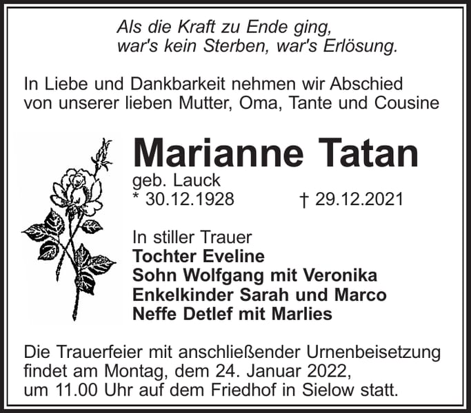 Traueranzeige Marianne Tatan, geb. Lauck