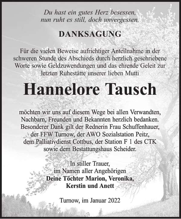 Danksagung Hannelore Tausch