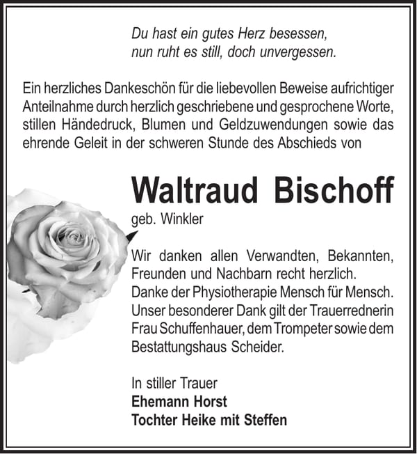 Danksagung Waltraud Bischoff, geb. Winkler