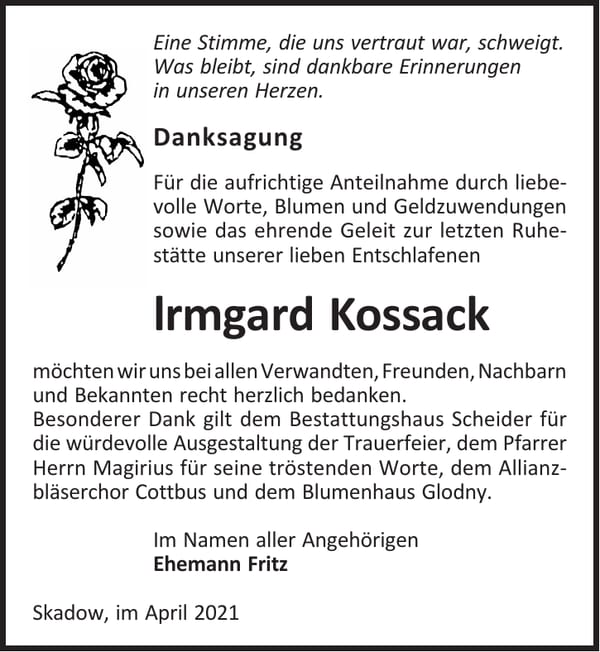 Danksagung Irmgard Kossack