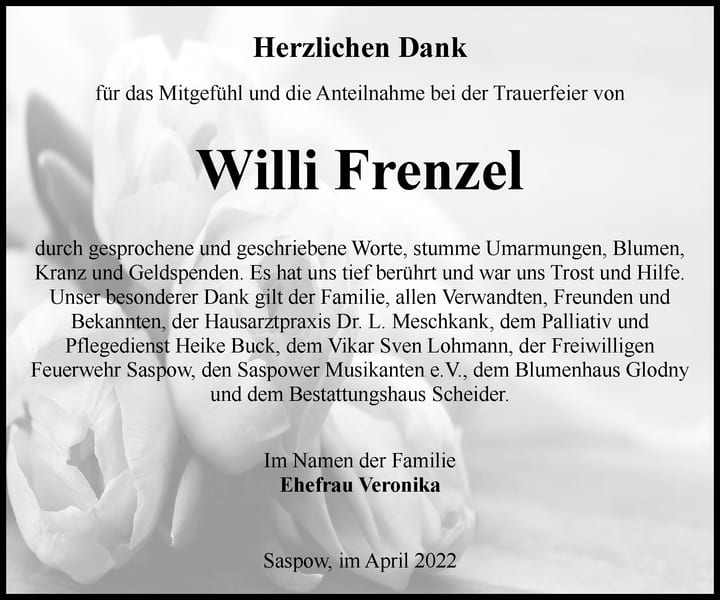 Danksagung Willi Frenzel