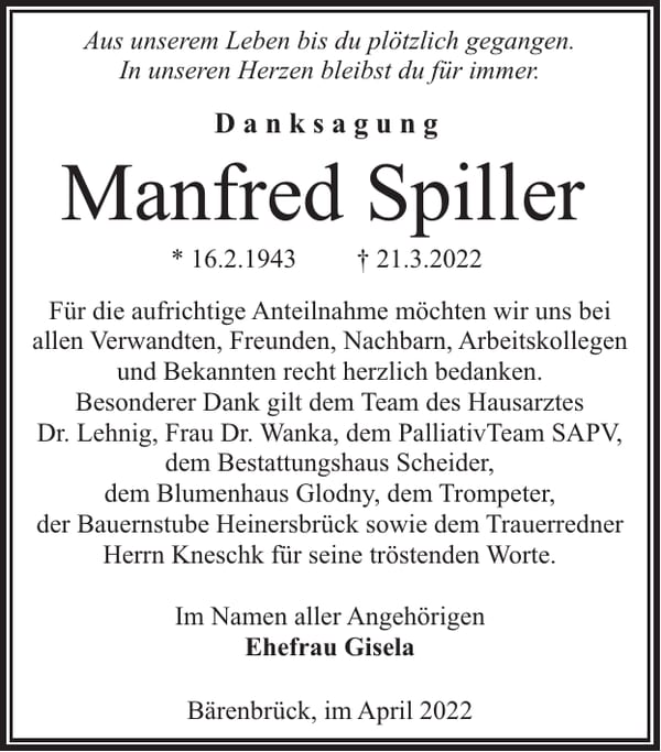 Traueranzeige Manfred Spiller