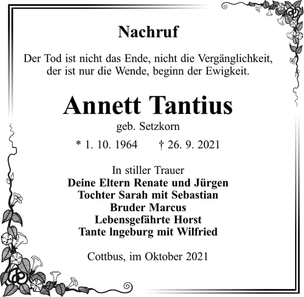 Nachruf Annett Tantius, geb. Setzkorn