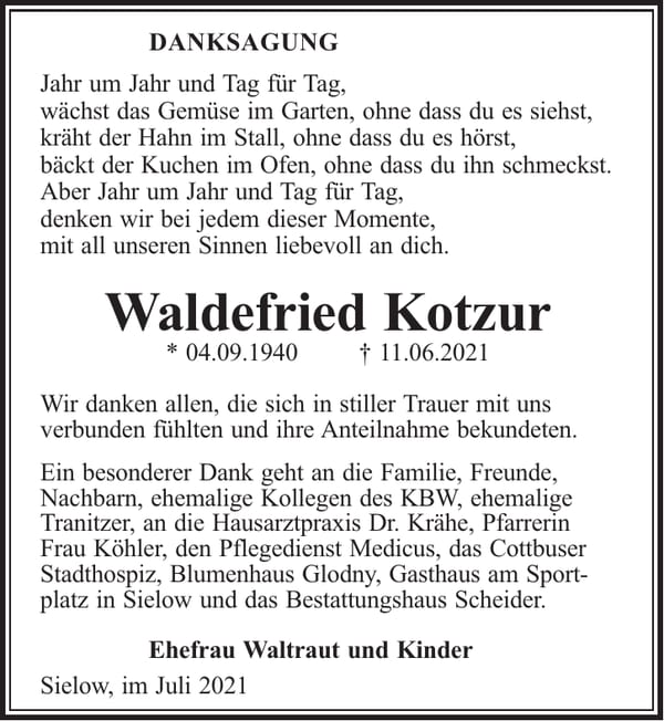 Traueranzeige Waldefried Kotzur