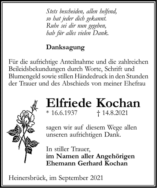 Danksagung Elfriede Kochan