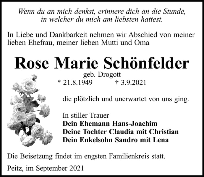 Traueranzeige Rose Marie Schönfelder, geb. Drogott