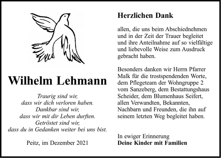 Danksagung Wilhelm Lehmann