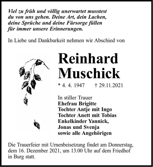 Traueranzeige Reinhard Muschick
