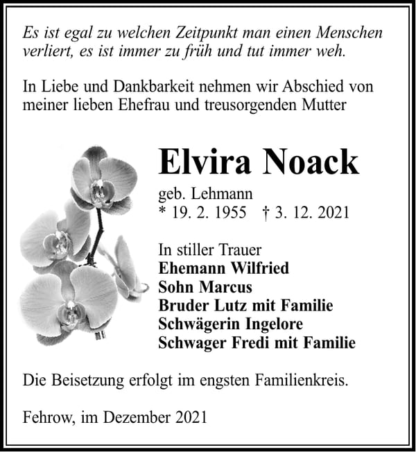 Traueranzeige Elvira Noack, geb. Lehmann