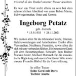 Danksagung Ingeborg Petatz, geb. Ziersch