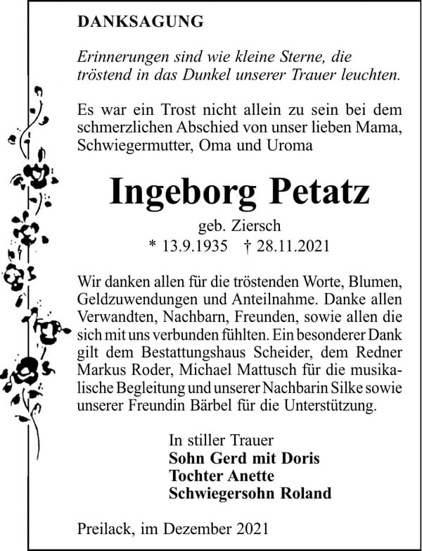 Danksagung Ingeborg Petatz, geb. Ziersch