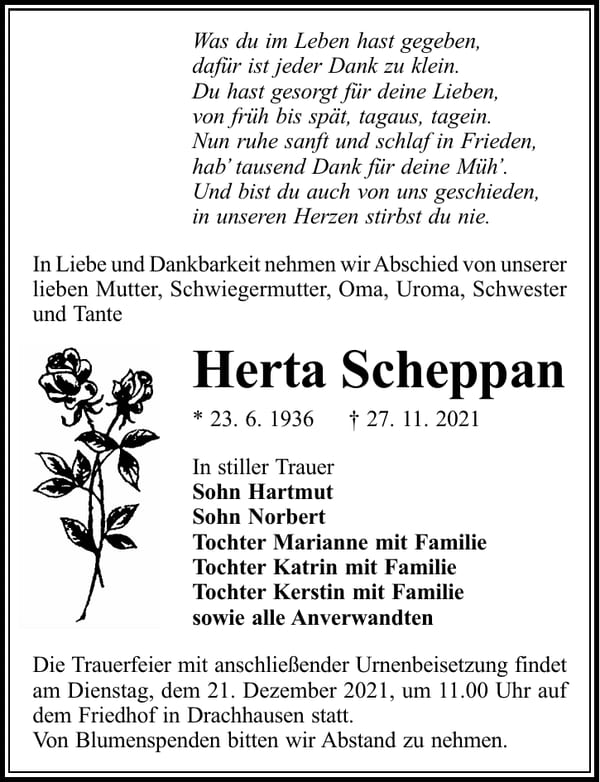 Traueranzeige Herta Scheppan
