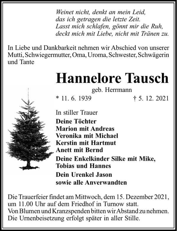 Traueranzeige Hannelore Tausch, geb. Herrmann