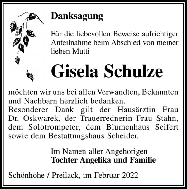 Danksagung Gisela Schulze
