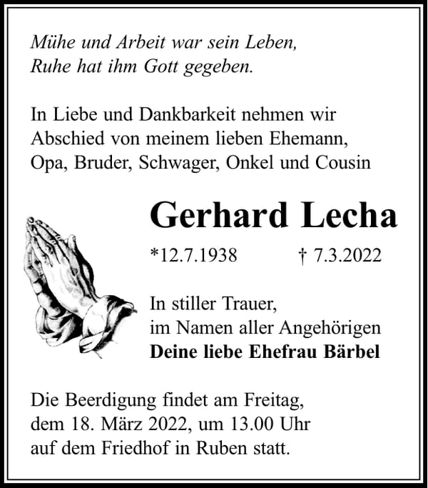 Traueranzeige Gerhard Lecha