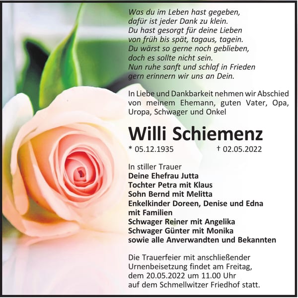 Traueranzeige Willi Schiemenz