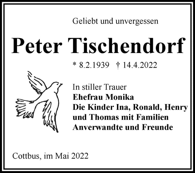 Traueranzeige Peter Tischendorf