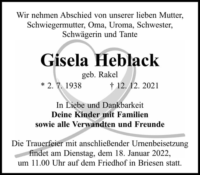 Traueranzeige Gisela Heblack, geb. Rakel