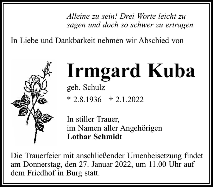 Traueranzeige Irmgard Kuba, geb. Schulz