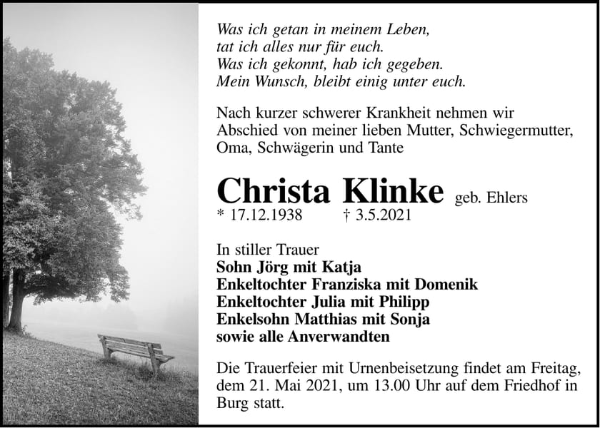 Traueranzeige Christa Klinke, geb. Ehlers