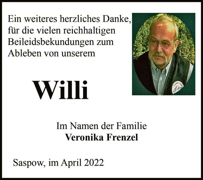 Traueranzeige Willi Frenzel