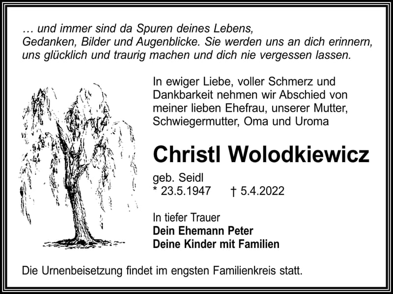 Traueranzeige Christl Wolodkiewicz, geb. Seidl