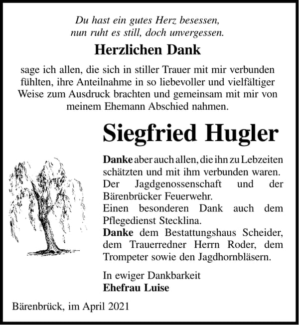 Danksagung Siegfried Hugler