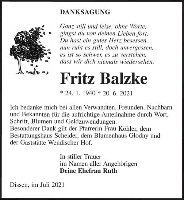 Danksagung Fritz Balzke