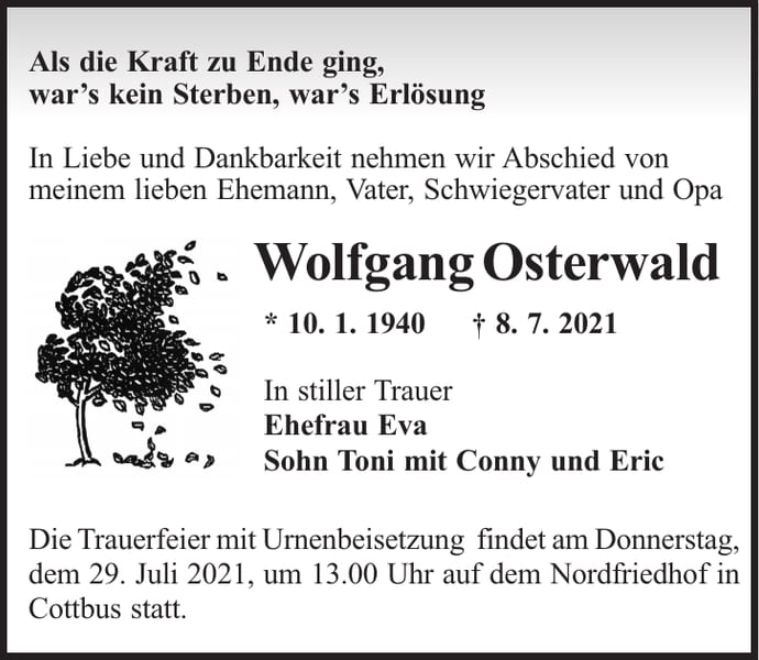 Traueranzeige Wolfgang Osterwald
