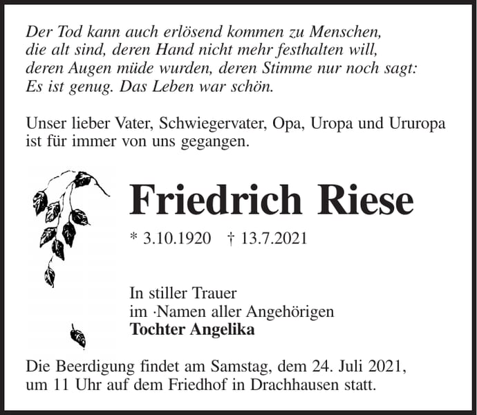 Traueranzeige Friedrich Riese