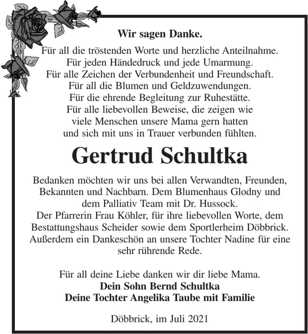 Danksagung Gertrud Schultka