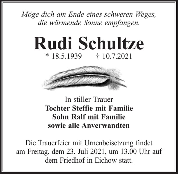 Traueranzeige Rudi Schultze